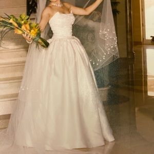 Wedding dress, tiara, and veil